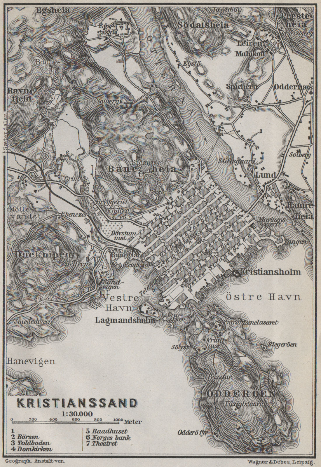 KRISTIANSAND antique town city byplan. Norway kart. BAEDEKER 1909 old map